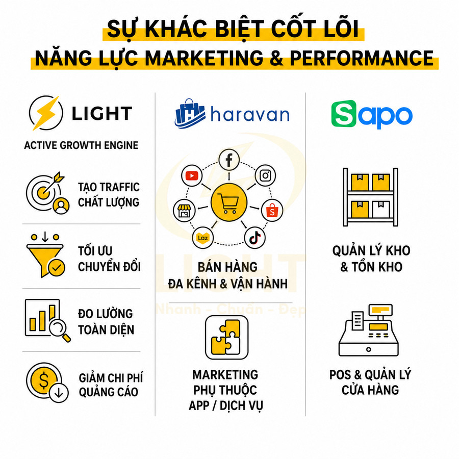 So sánh giải pháp marketing Light với nền tảng bán hàng Haravan và Sapo trong quản lý bán lẻ