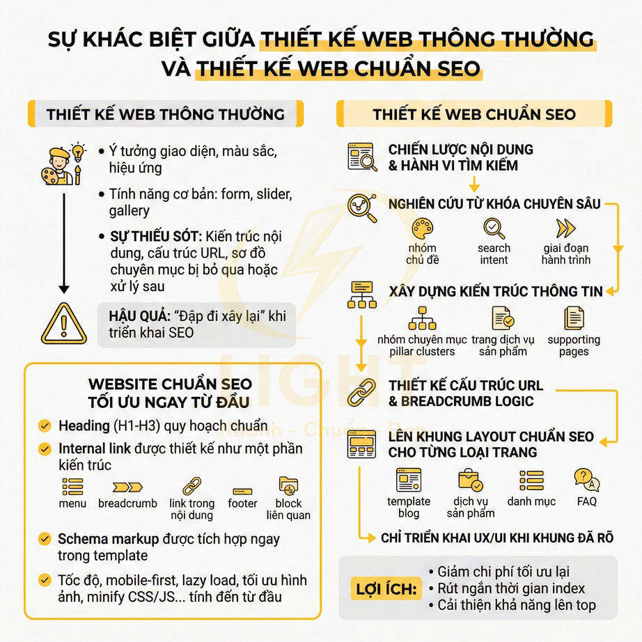 Infographic so sánh thiết kế web thông thường và thiết kế web chuẩn SEO với các bước tối ưu cấu trúc và nội dung
