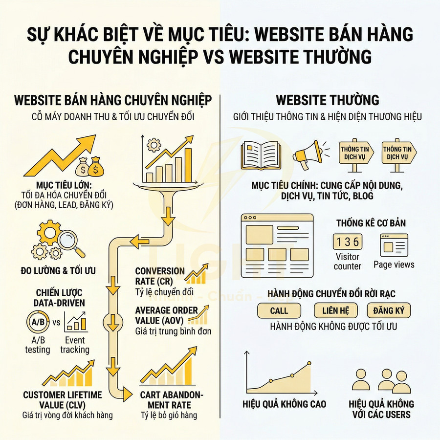 So sánh mục tiêu website bán hàng chuyên nghiệp và website thường bằng biểu đồ và icon minh họa