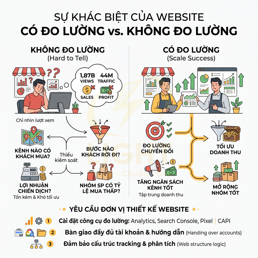 So sánh website có đo lường và không đo lường với minh họa phân tích dữ liệu, tối ưu doanh thu và yêu cầu thiết kế web
