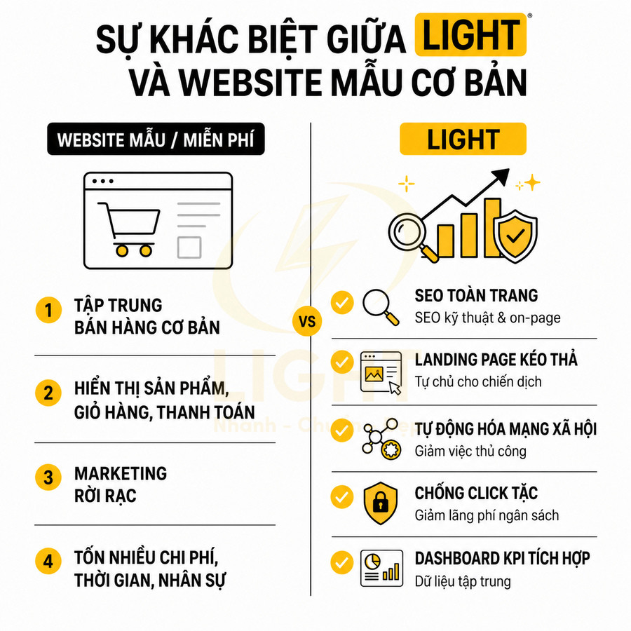 Infographic so sánh website mẫu miễn phí và website Light với các tính năng SEO, marketing và tối ưu chi phí