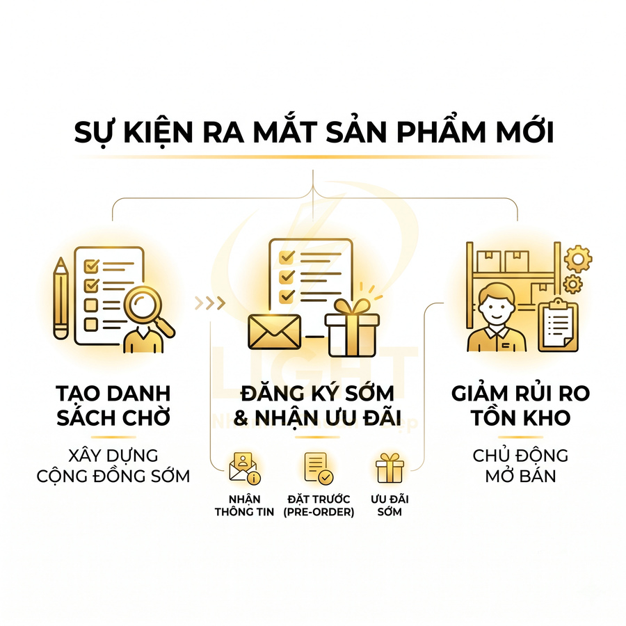 Mô hình quy trình ra mắt sản phẩm mới với tạo danh sách chờ, đăng ký sớm nhận ưu đãi và giảm rủi ro tồn kho