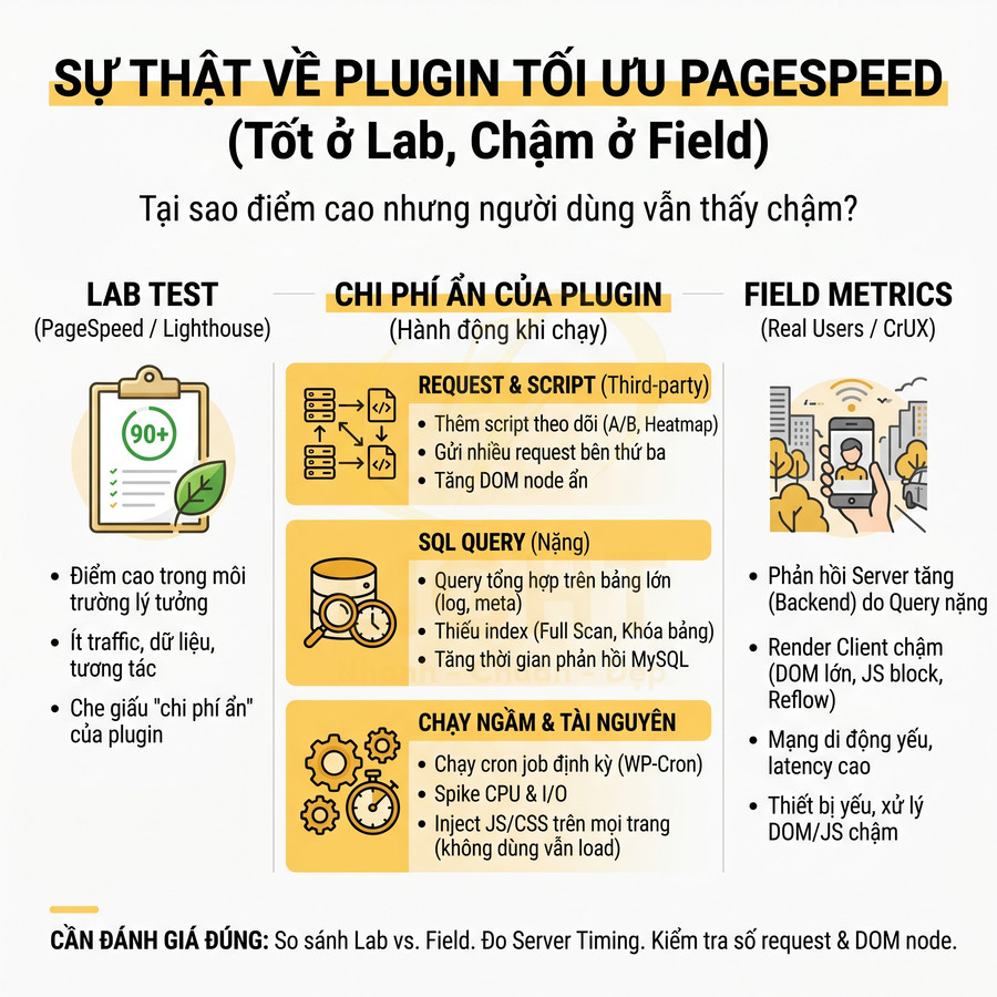 Infographic giải thích sự thật về plugin tối ưu PageSpeed, chi phí ẩn và khác biệt giữa Lab Test và Field Metrics