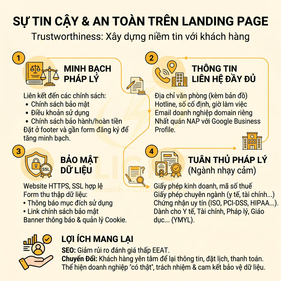 Infographic hướng dẫn xây dựng sự tin cậy và an toàn trên landing page với minh bạch pháp lý và bảo mật dữ liệu