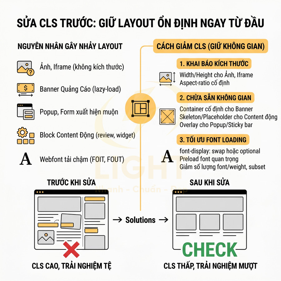 Infographic hướng dẫn giảm CLS để giữ layout website ổn định, tối ưu trải nghiệm người dùng