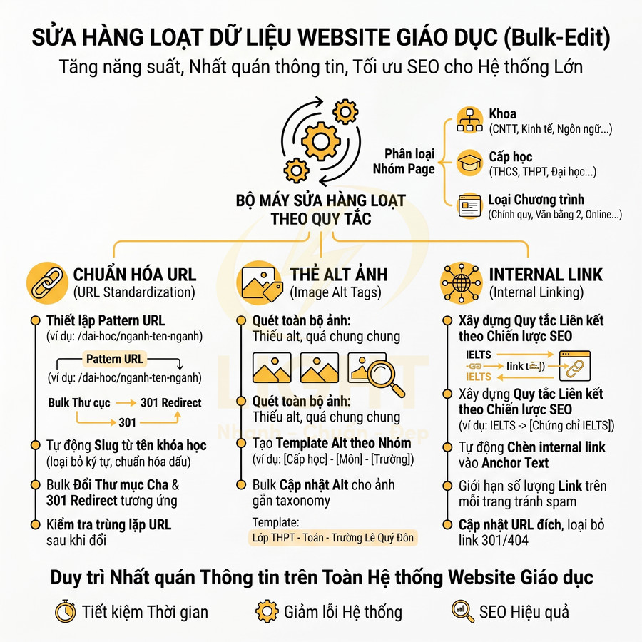 Infographic bulk edit dữ liệu website giáo dục với chuẩn hóa URL, thẻ alt ảnh và internal link tối ưu SEO