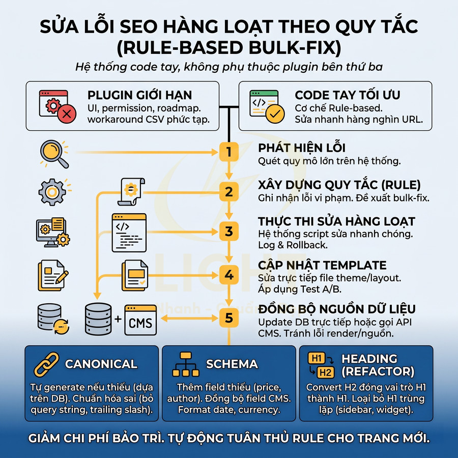 Quy trình sửa lỗi SEO hàng loạt theo quy tắc rule based bulk fix với hệ thống code tay tối ưu