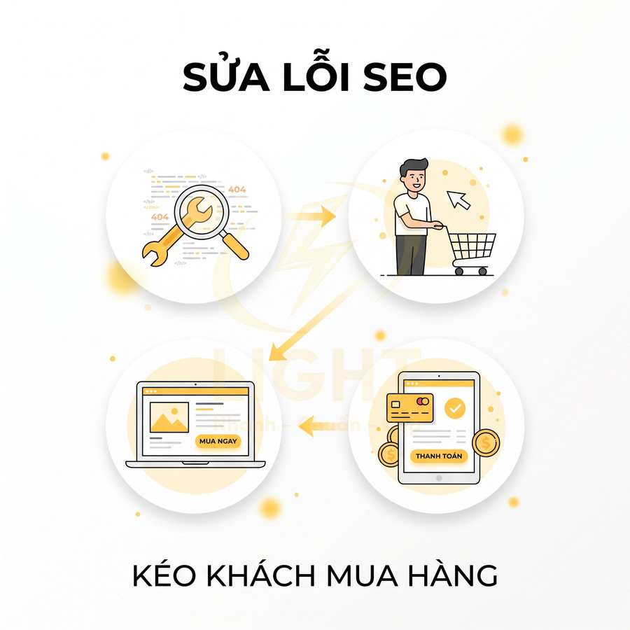 Minh họa quy trình sửa lỗi SEO website để kéo khách truy cập và tăng chuyển đổi mua hàng online