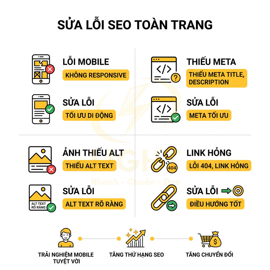 Dịch vụ sửa lỗi SEO toàn trang: tối ưu mobile, meta, alt text, link hỏng để tăng thứ hạng và chuyển đổi