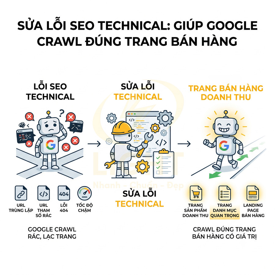 Minh họa quy trình sửa lỗi SEO technical giúp Google crawl đúng trang sản phẩm và tăng doanh thu bán hàng
