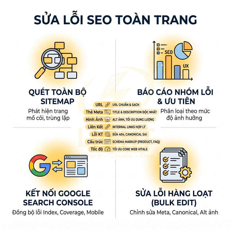 Infographic quy trình sửa lỗi SEO toàn trang với các bước quét sitemap, báo cáo lỗi, kết nối Search Console, chỉnh sửa hàng loạt