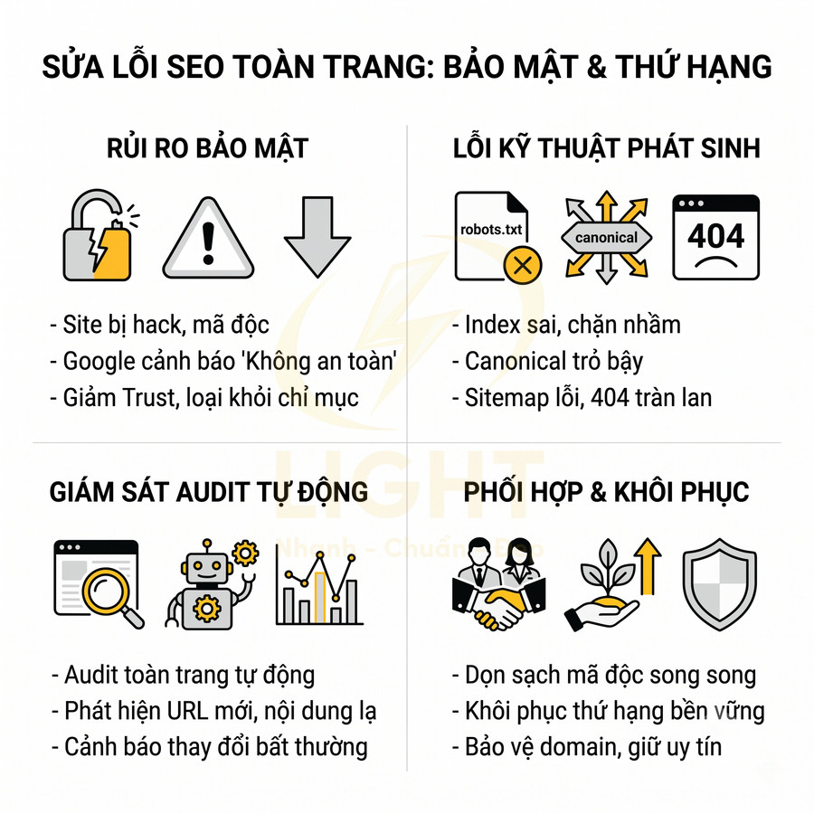 Infographic sửa lỗi SEO toàn trang về bảo mật, lỗi kỹ thuật, giám sát audit tự động và phối hợp khôi phục website
