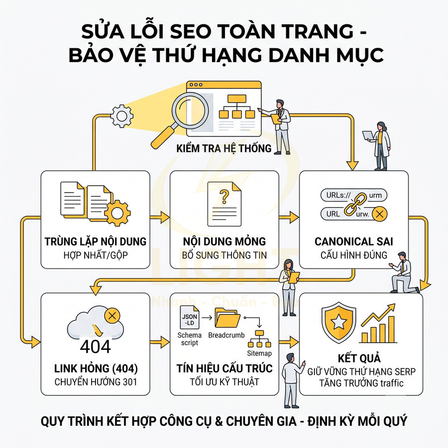 Quy trình sửa lỗi SEO toàn trang bảo vệ thứ hạng danh mục và tối ưu cấu trúc website