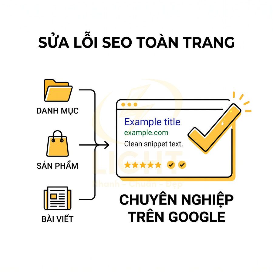 Minh họa dịch vụ sửa lỗi SEO toàn trang cho danh mục sản phẩm bài viết để hiển thị chuyên nghiệp trên Google