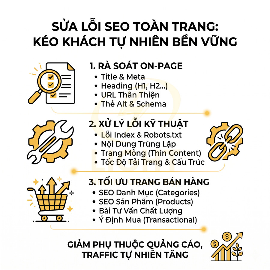 Hướng dẫn sửa lỗi SEO toàn trang với rà soát onpage, xử lý kỹ thuật và tối ưu trang bán hàng để tăng traffic tự nhiên