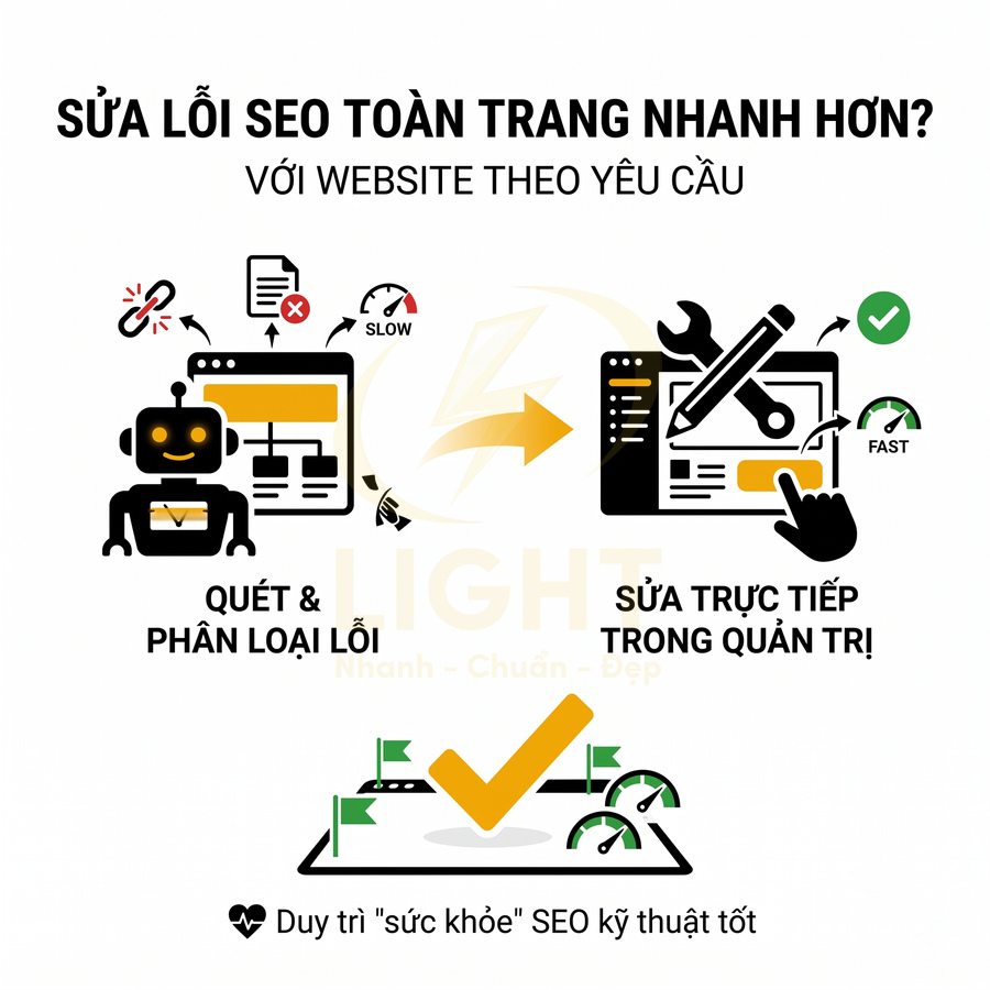 Minh họa quy trình quét lỗi và sửa trực tiếp trong quản trị để tối ưu và duy trì sức khỏe SEO cho website