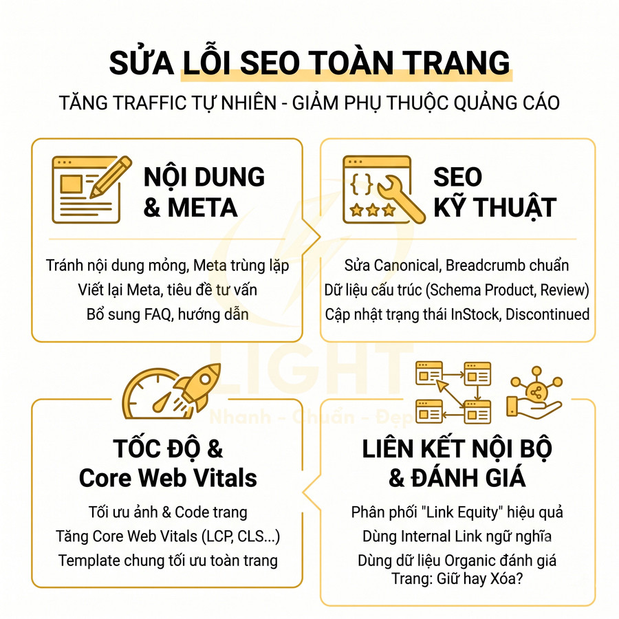 Infographic sửa lỗi SEO toàn trang với các hạng mục nội dung meta, SEO kỹ thuật, tốc độ Core Web Vitals và liên kết nội bộ