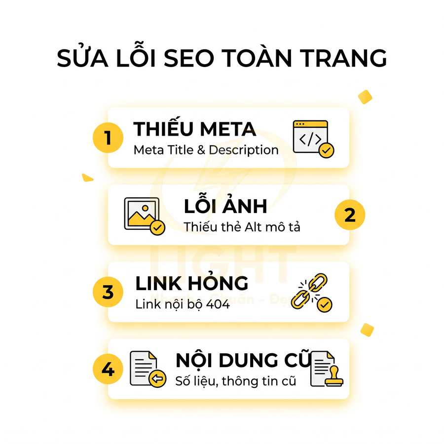 Các lỗi SEO toàn trang gồm thiếu meta, lỗi ảnh thiếu alt, link hỏng 404 và nội dung cũ