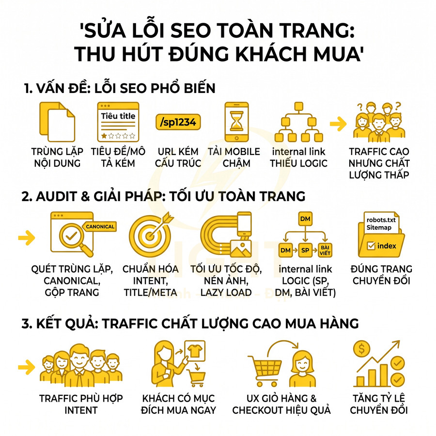 Infographic quy trình sửa lỗi SEO onpage để tối ưu traffic chất lượng và tăng tỷ lệ chuyển đổi mua hàng