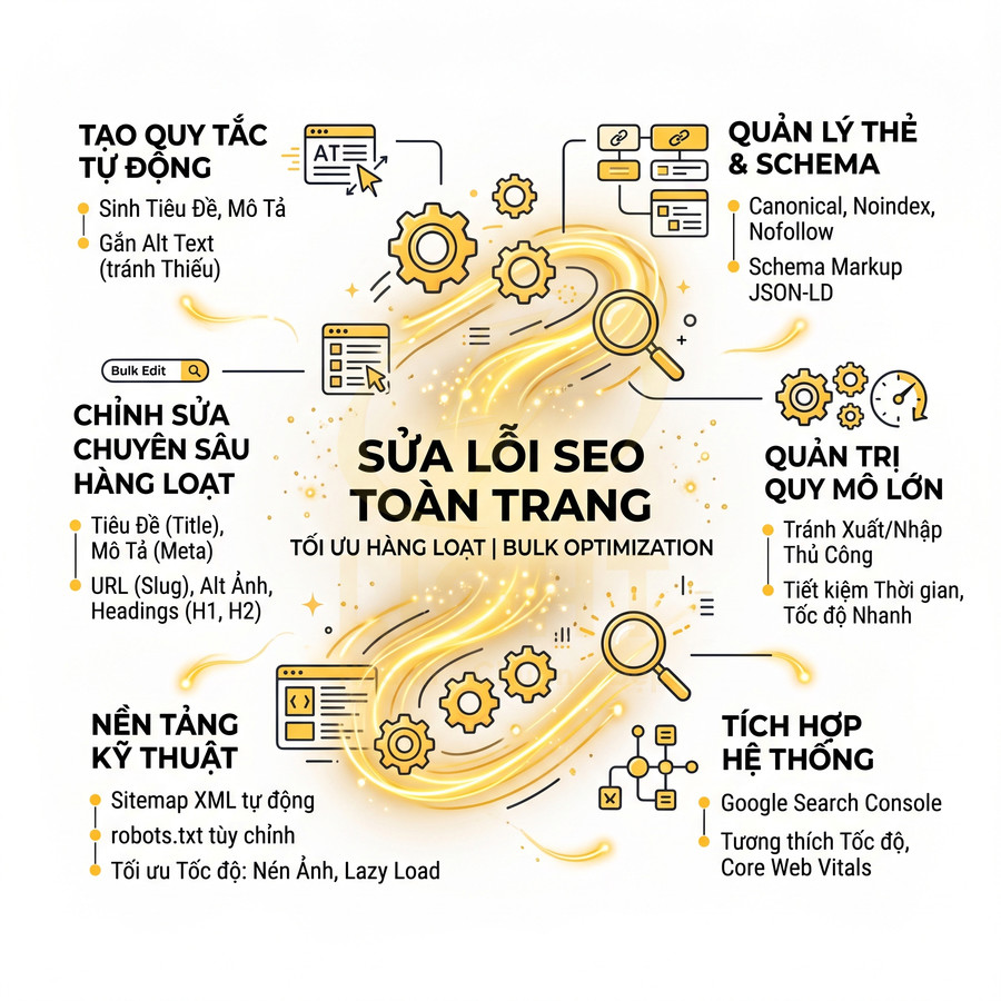Infographic giới thiệu giải pháp sửa lỗi SEO toàn trang và tối ưu hàng loạt với các tính năng tự động hóa