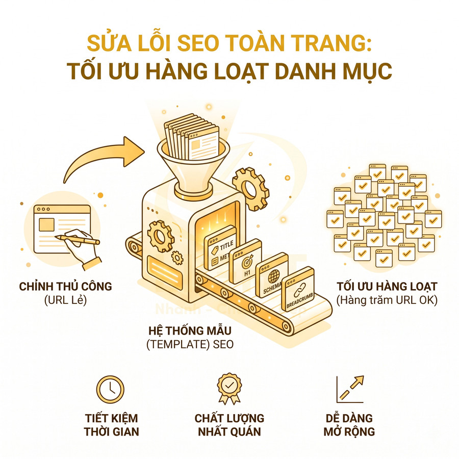Minh họa hệ thống template SEO tối ưu hàng loạt danh mục giúp tiết kiệm thời gian và đảm bảo chất lượng nhất quán