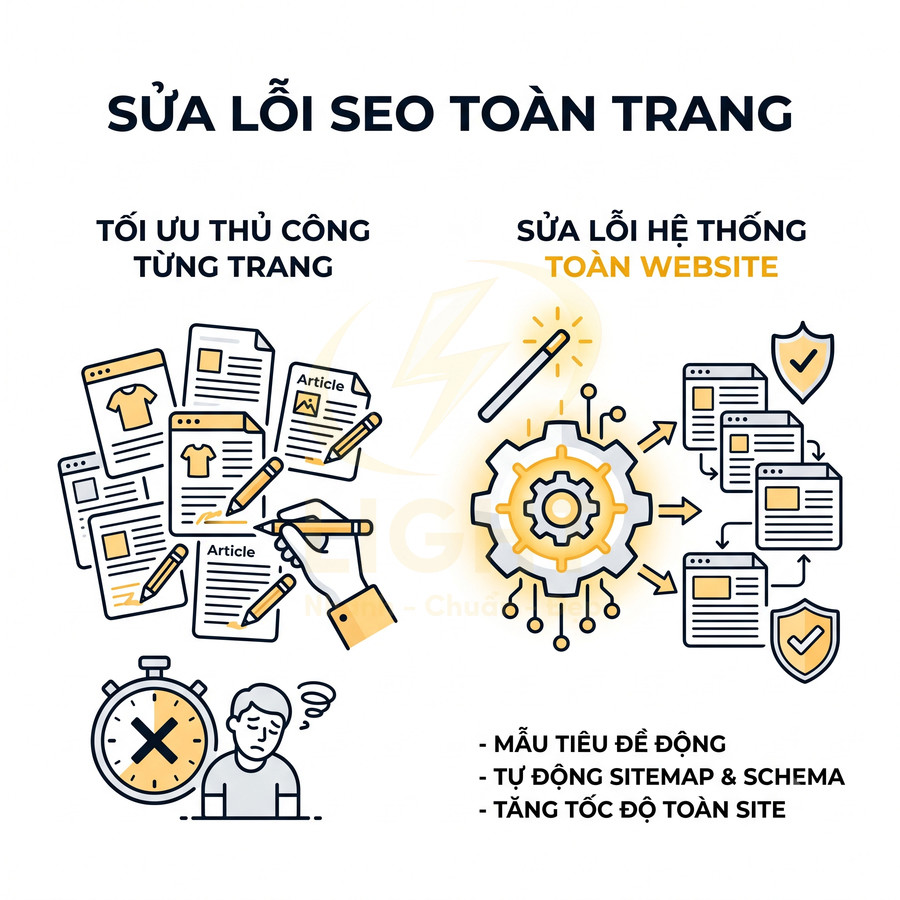 Minh họa dịch vụ sửa lỗi SEO toàn trang, tối ưu thủ công từng trang và tự động hệ thống toàn website