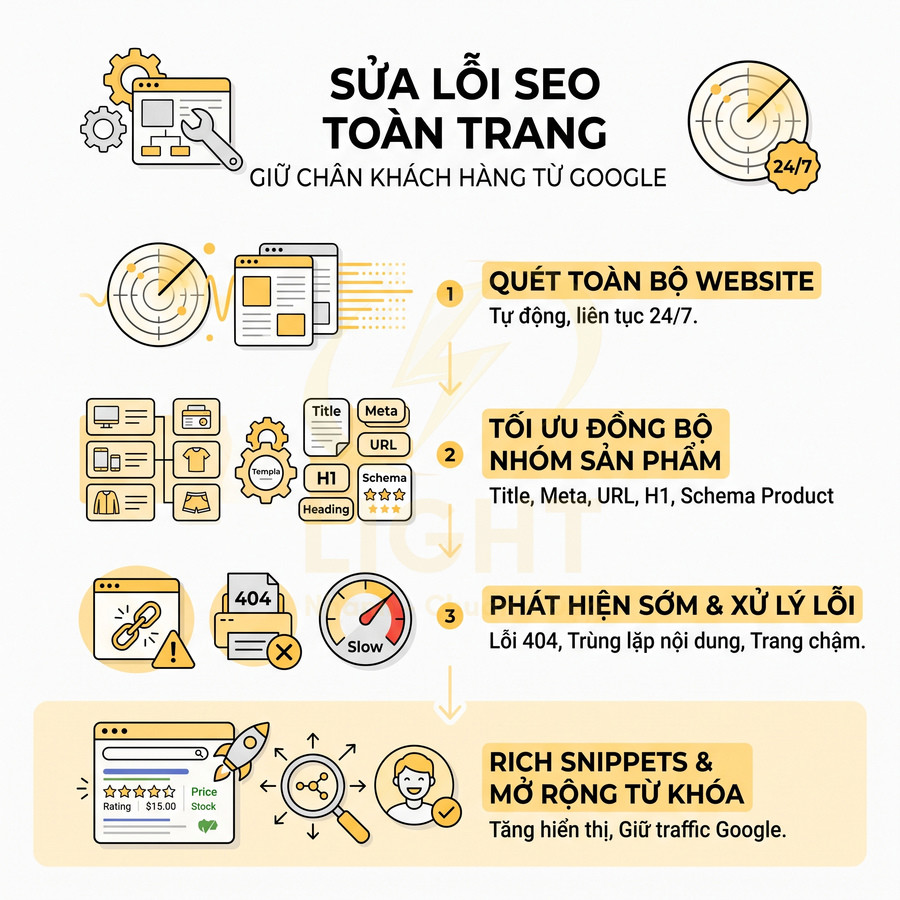 Dịch vụ sửa lỗi SEO toàn trang với quy trình quét website, tối ưu sản phẩm, xử lý lỗi và tăng rich snippets