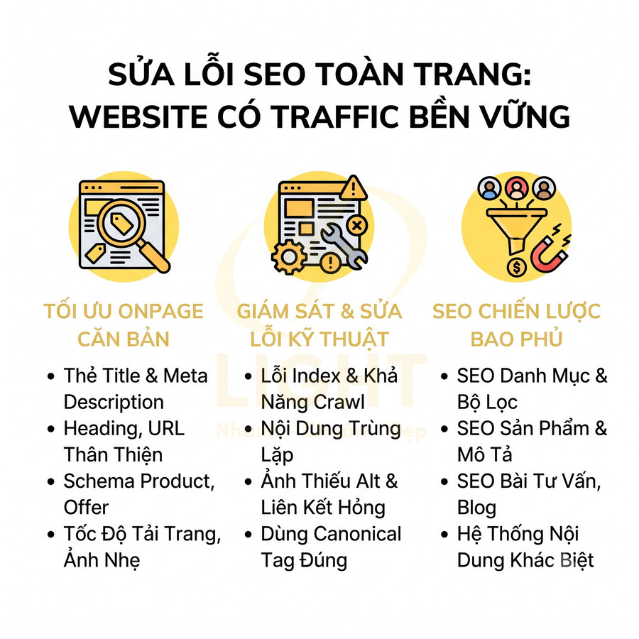 Dịch vụ sửa lỗi SEO toàn trang với tối ưu onpage, giám sát kỹ thuật và xây dựng chiến lược SEO bao phủ