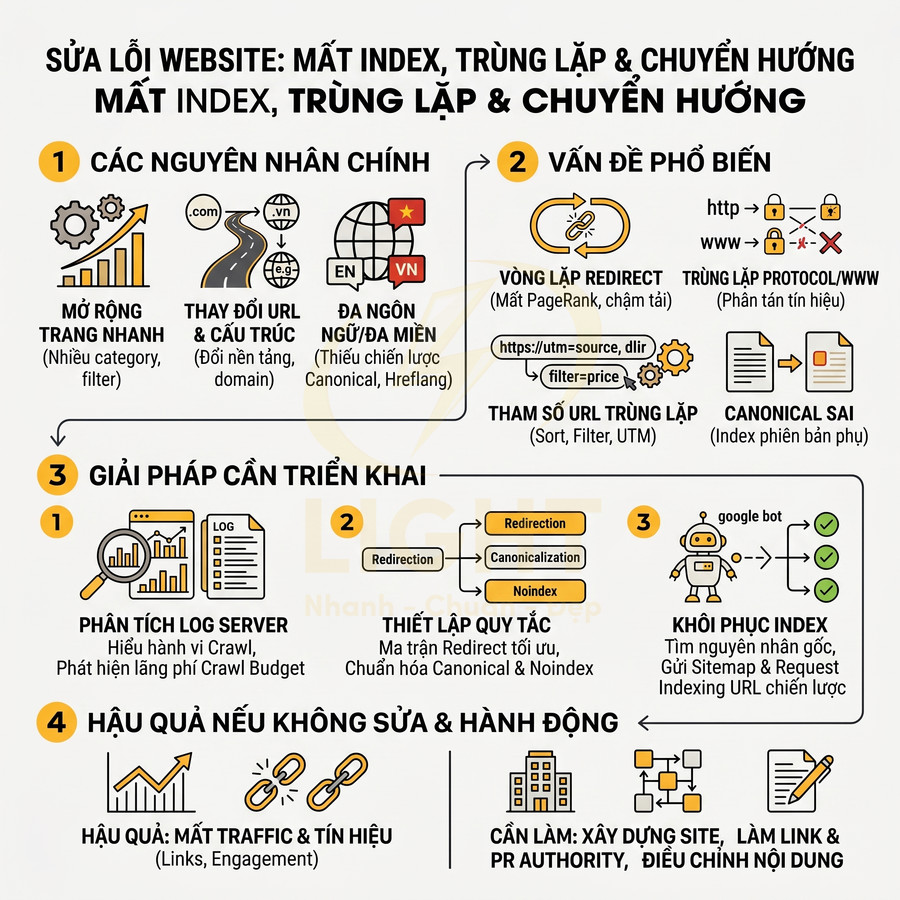 Infographic hướng dẫn sửa lỗi website mất index trùng lặp chuyển hướng và giải pháp tối ưu SEO