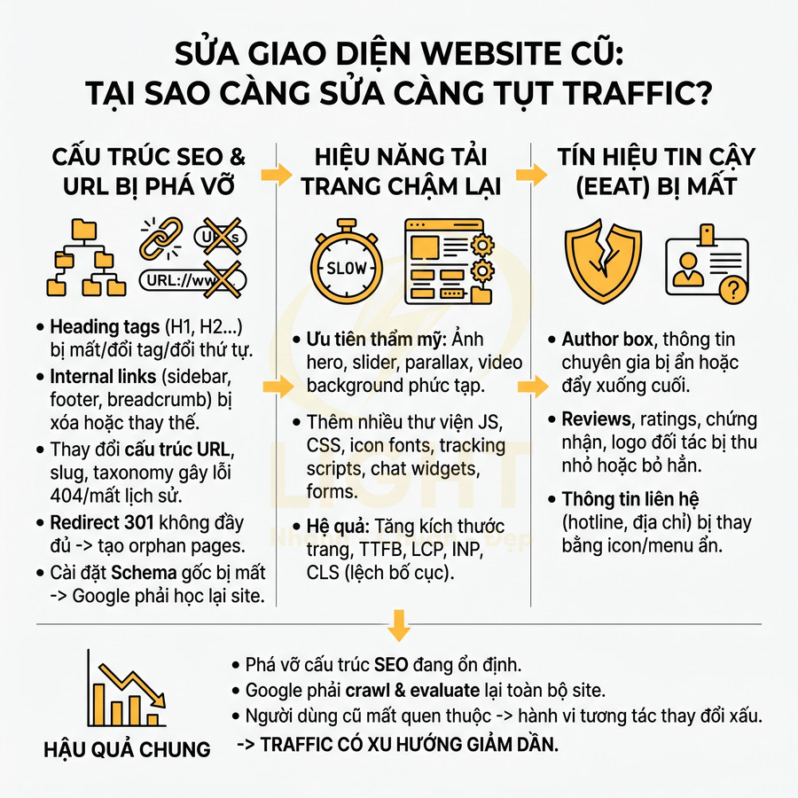 Infographic lý do sửa giao diện website cũ làm tụt traffic, nêu lỗi cấu trúc SEO, tốc độ tải trang và tín hiệu EEAT