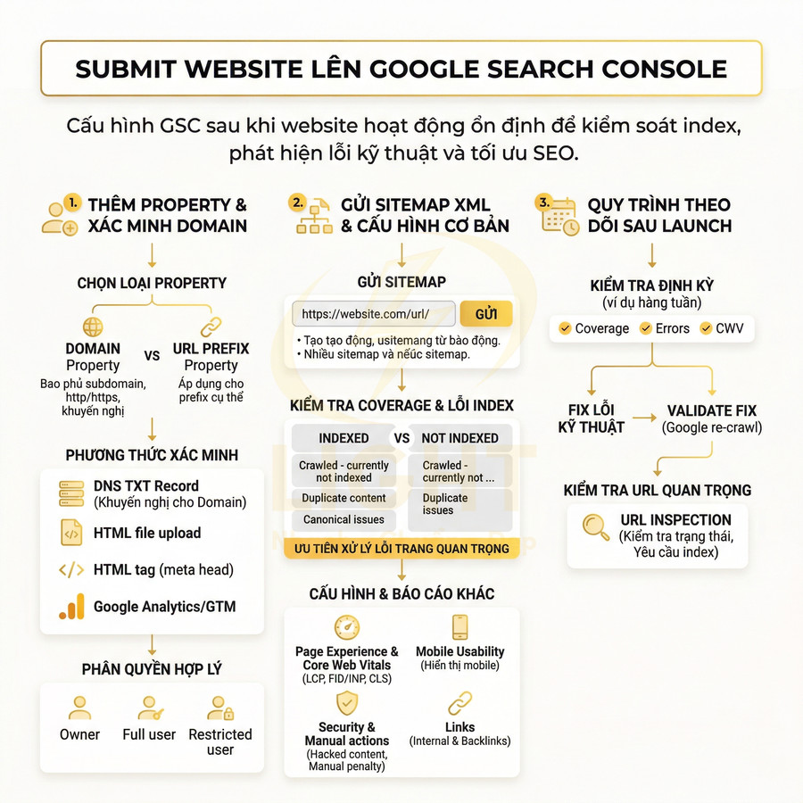Hướng dẫn từng bước submit website lên Google Search Console, gửi sitemap và kiểm tra lỗi index SEO