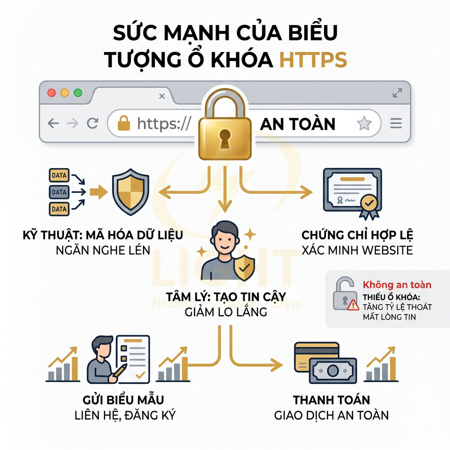 Minh họa sức mạnh biểu tượng ổ khóa HTTPS giúp mã hóa dữ liệu, tạo tin cậy và bảo mật giao dịch thanh toán trên website