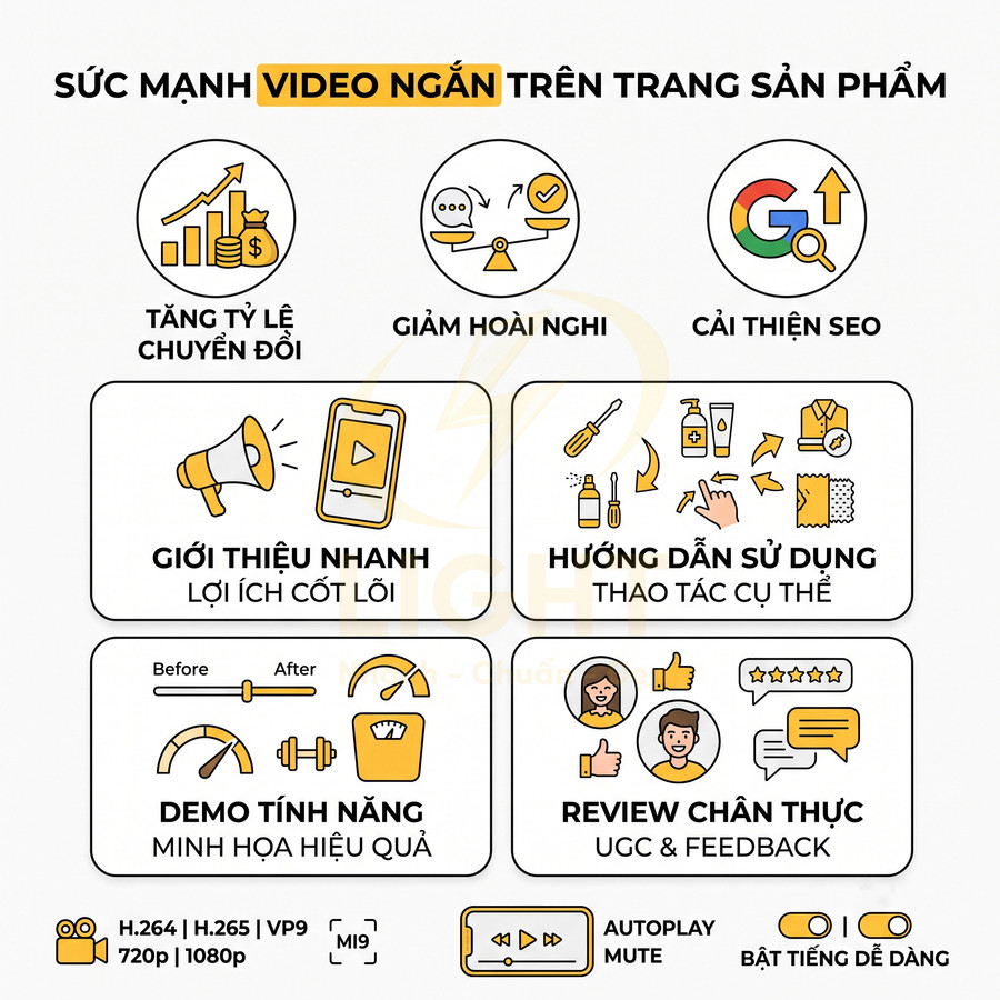 Infographic lợi ích video ngắn trên trang sản phẩm như tăng chuyển đổi, giảm hoài nghi, cải thiện SEO, demo tính năng, review