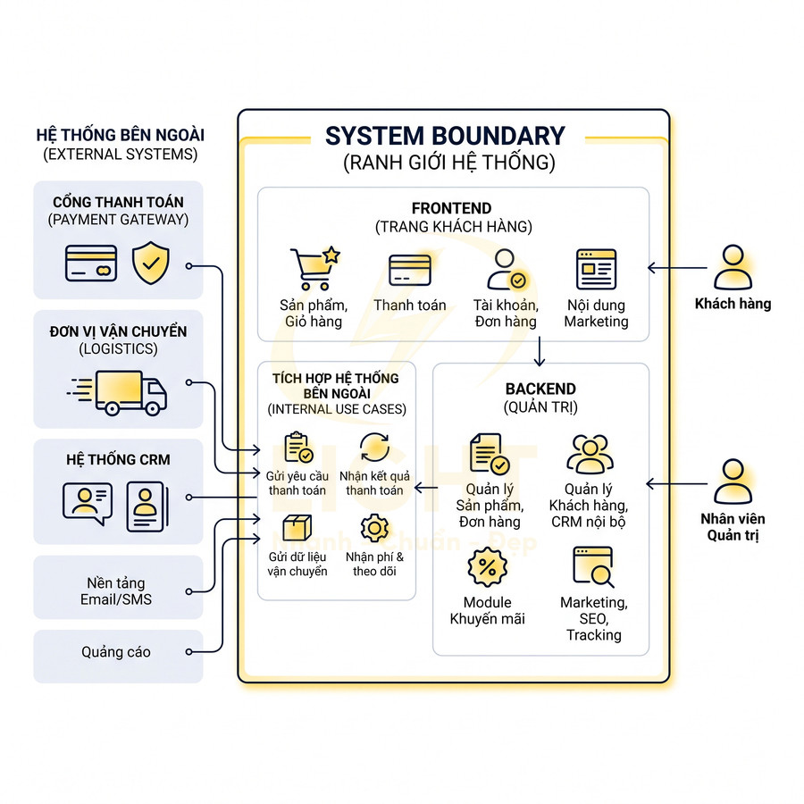 Sơ đồ kiến trúc hệ thống ecommerce với frontend, backend, tích hợp cổng thanh toán, vận chuyển và CRM