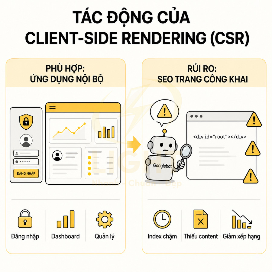 Tác động của client side rendering CSR đến ứng dụng nội bộ và rủi ro SEO trang web công khai