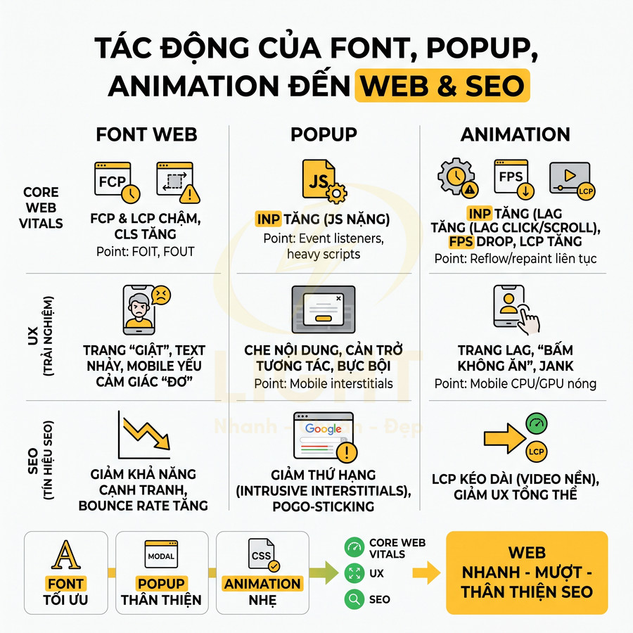 Tác động của font web, popup, animation đến Core Web Vitals, UX và SEO, gợi ý tối ưu để web nhanh mượt