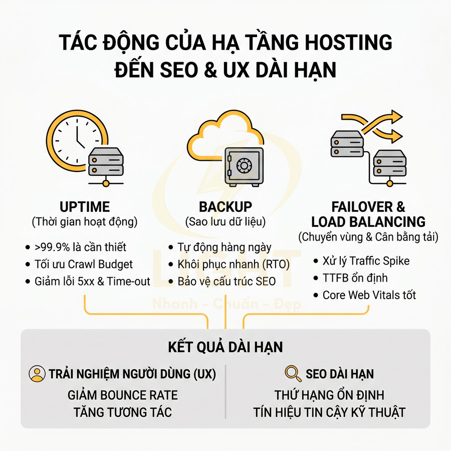 Infographic tác động của hạ tầng hosting uptime backup failover load balancing đến SEO và trải nghiệm người dùng UX