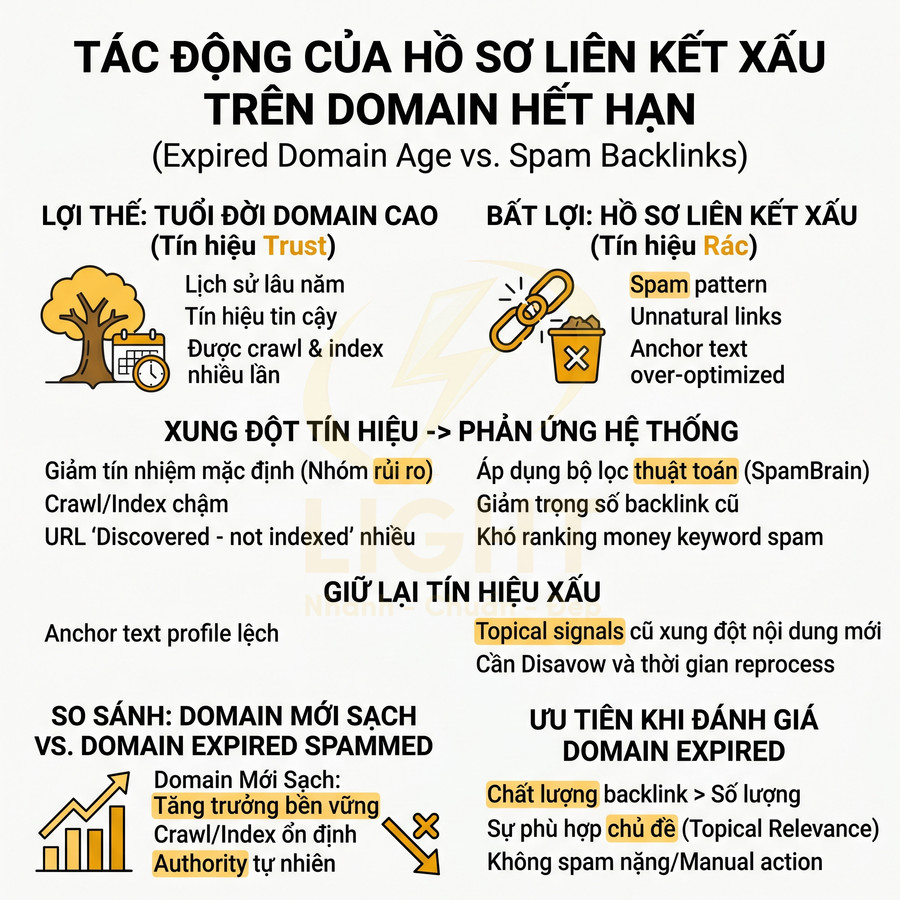 Infographic tác động hồ sơ liên kết xấu lên domain hết hạn, so sánh domain mới sạch và domain expired spam trong SEO
