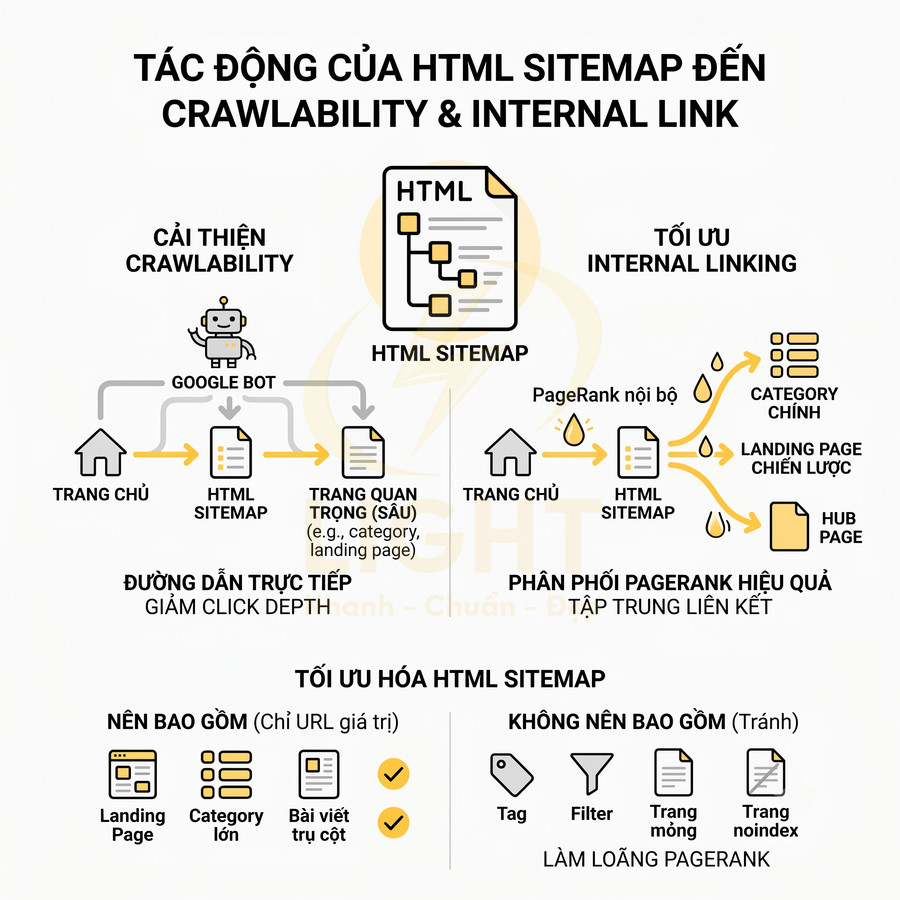 Infographic tác động của HTML sitemap đến crawlability, internal link và cách tối ưu cấu trúc liên kết nội bộ website