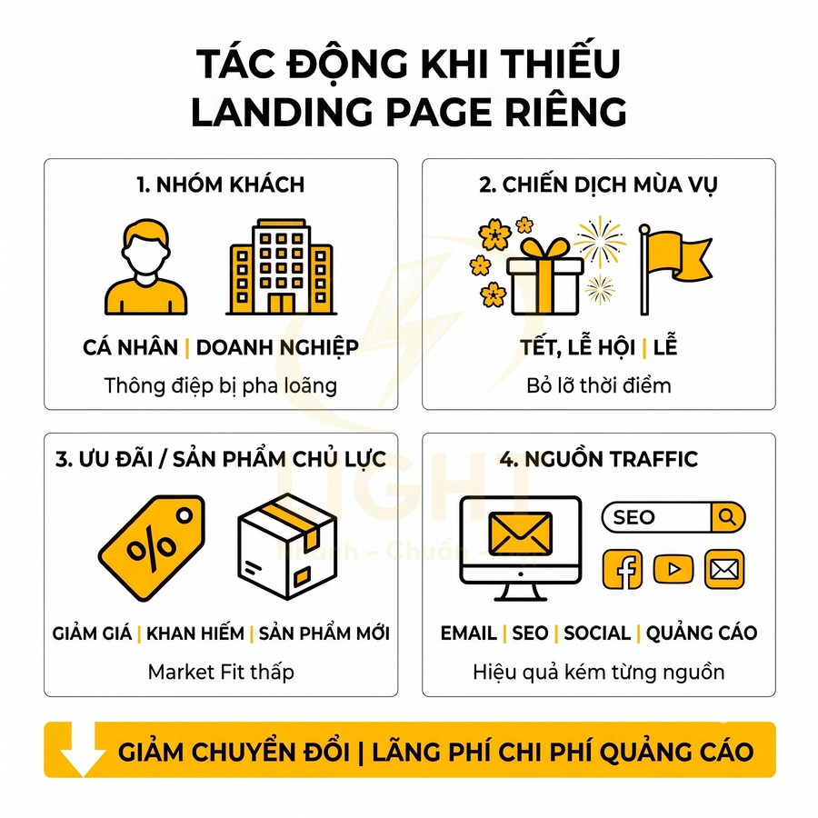 Infographic tác động khi thiếu landing page riêng đến nhóm khách, chiến dịch mùa vụ, ưu đãi sản phẩm và nguồn traffic marketing