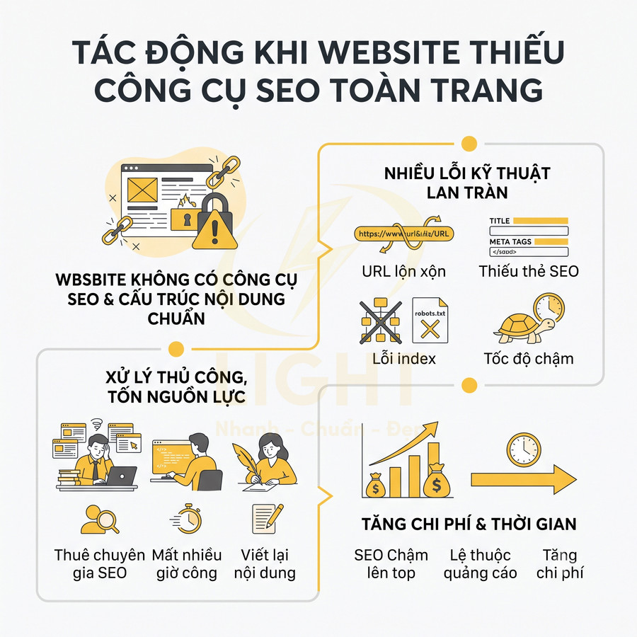 Infographic tác động khi website thiếu công cụ SEO toàn trang gây lỗi kỹ thuật, tốn nguồn lực và tăng chi phí thời gian