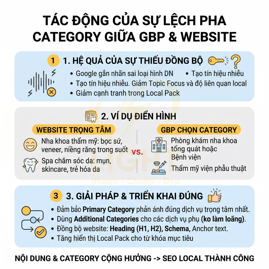 Infographic tác động lệch pha category giữa Google Business Profile và website, hậu quả và giải pháp SEO local