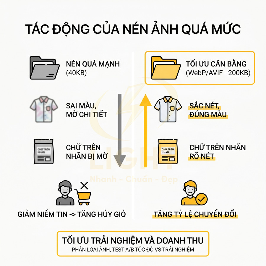 Minh họa tác động của nén ảnh quá mức và tối ưu cân bằng đến chất lượng hình ảnh sản phẩm và tỷ lệ chuyển đổi