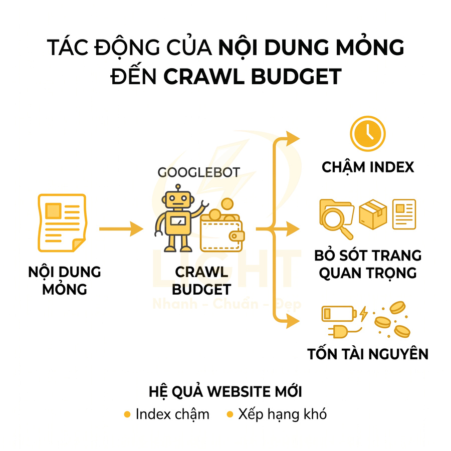Mô tả tác động của nội dung mỏng đến crawl budget Googlebot và hậu quả index chậm, bỏ sót trang, tốn tài nguyên