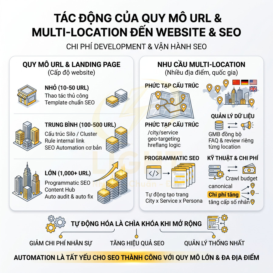 Infographic tác động quy mô URL và multi location đến chi phí development vận hành SEO và vai trò automation