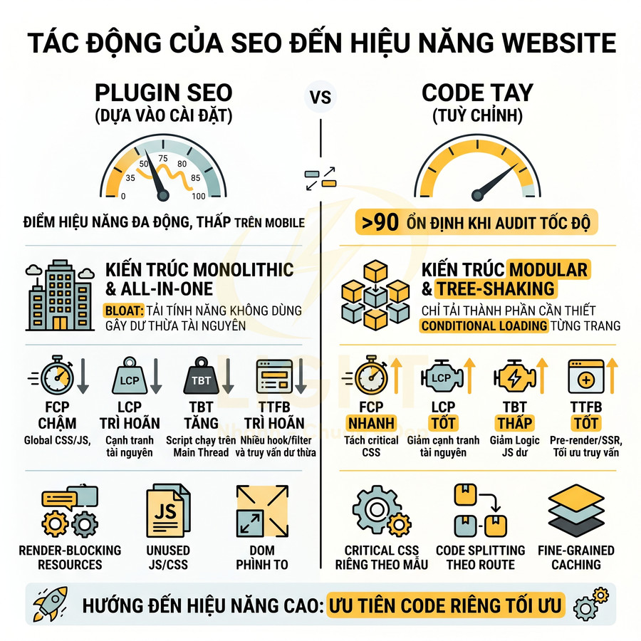 Infographic so sánh tác động của plugin SEO và code tay tùy chỉnh đến hiệu năng website