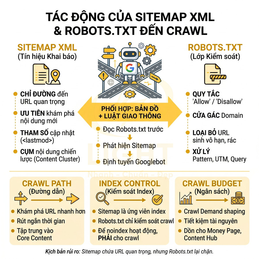 Infographic tác động của sitemap XML và robots.txt đến crawl, index control và crawl budget trong SEO