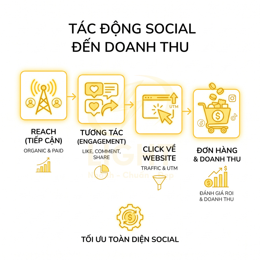 Quy trình tác động của social media đến doanh thu từ tiếp cận, tương tác, click về website đến đơn hàng