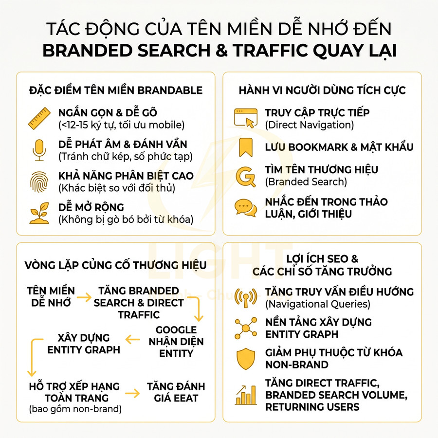Infographic tiếng Việt về tác động của tên miền dễ nhớ đến branded search, traffic quay lại và lợi ích SEO