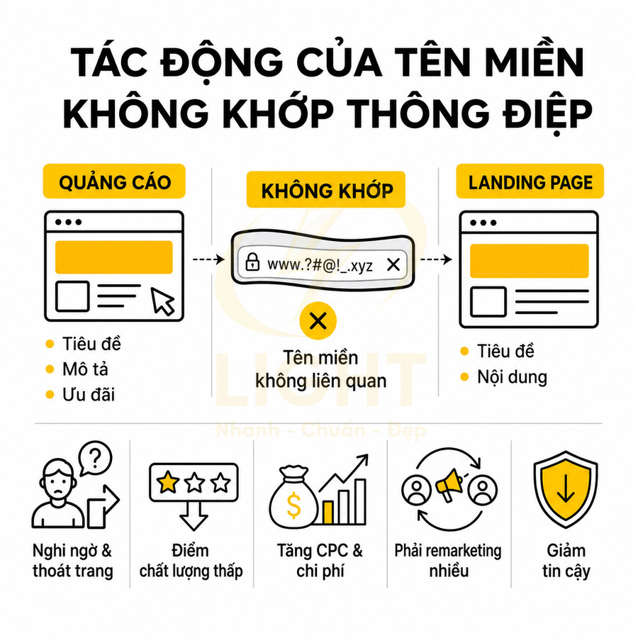 Infographic tác động của tên miền không khớp thông điệp đến quảng cáo và landing page, làm giảm tin cậy và tăng chi phí